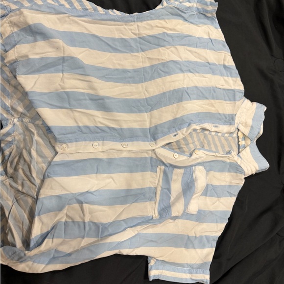 Tops - Light Blue and White Striped Short Sleeve Button-Up